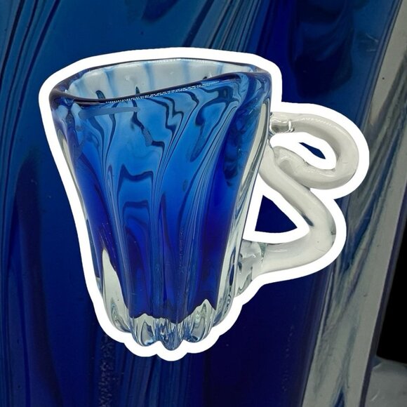 Hand Blown Art Glass Mis-Shapened Blue and Clear Glass 5.25 Inches Tall w/Handle - Picture 3 of 16